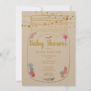 Rustic Gold Mason Jar String Lights Baby Shower Invitation