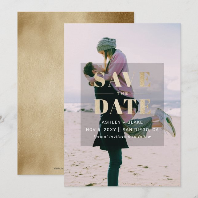 Rustic Gold Minimal Modern Photo Save The Date (Front/Back)