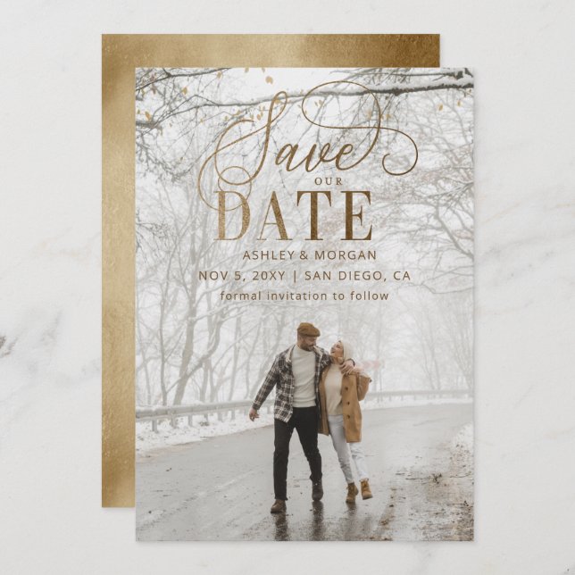 Rustic Gold Minimal Modern Photo Save The Date (Front/Back)