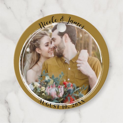 Rustic Gold Minimal Trendy Round Photo Wedding  Favor Tags