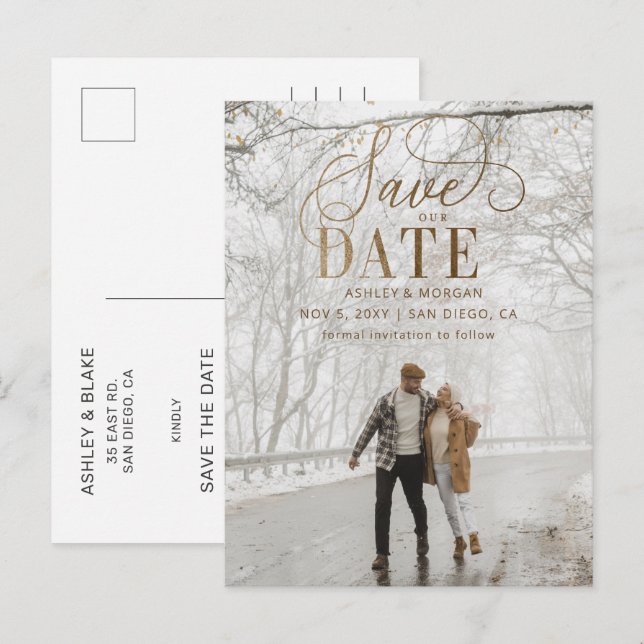 Rustic Gold Modern Minimalist Photo Save the Date Announcement Postcard (Front/Back)