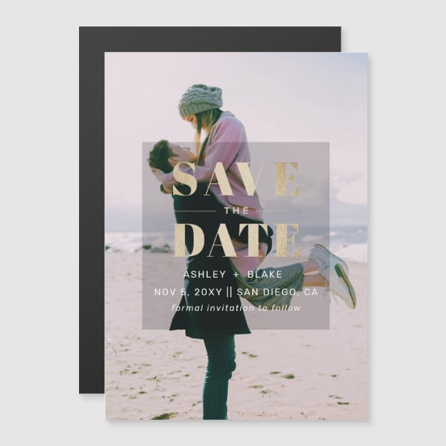 Rustic Gold Modern Minimalist Photo Save the Date Magnetic Invitation (Front/Back)