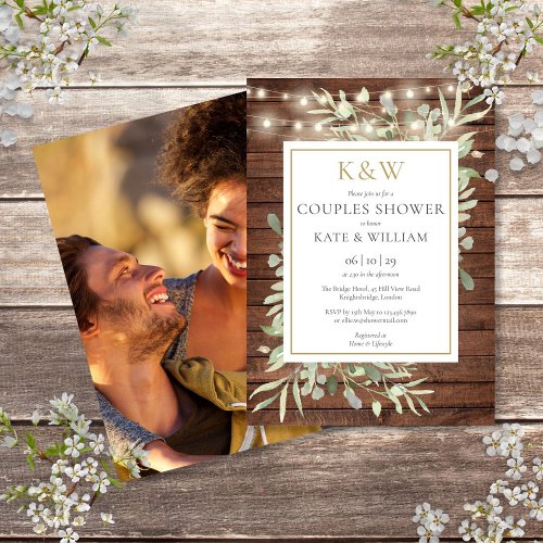 Rustic Gold Monogram Greenery Photo Couples Shower Invitation