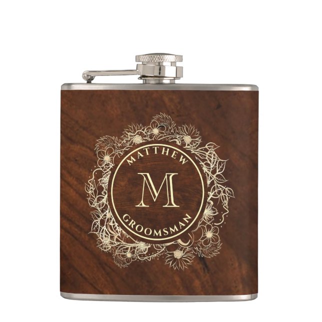 Rustic Gold Monogram Groomsman Flask (Front)