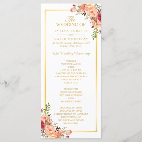 Rustic Gold Orange Floral Fall Wedding Program