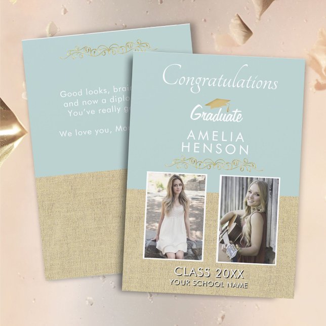 Rustic Gold Ornament Graduate 2 Photo Graduation Card (Creator Uploaded)