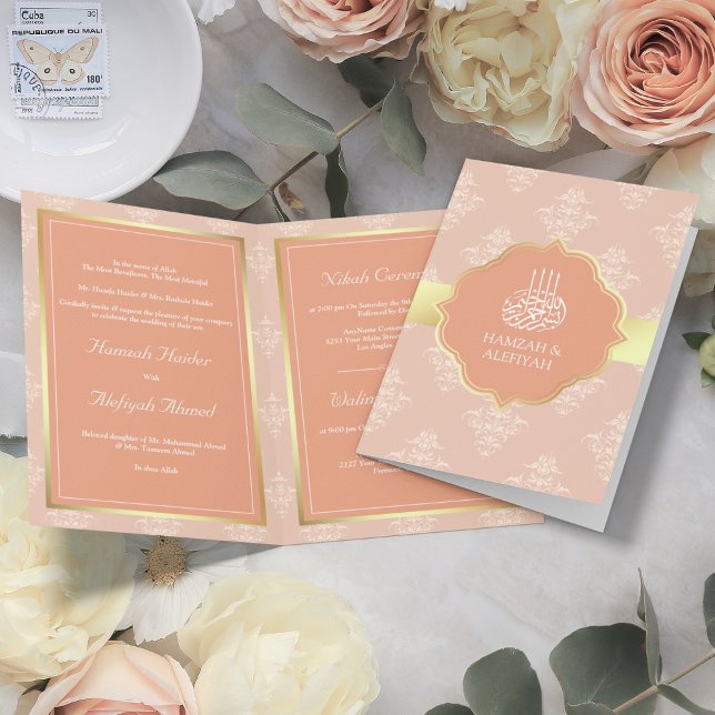 Rustic Gold Pastel Peach Damask Muslim Wedding Invitation (Creator Uploaded)
