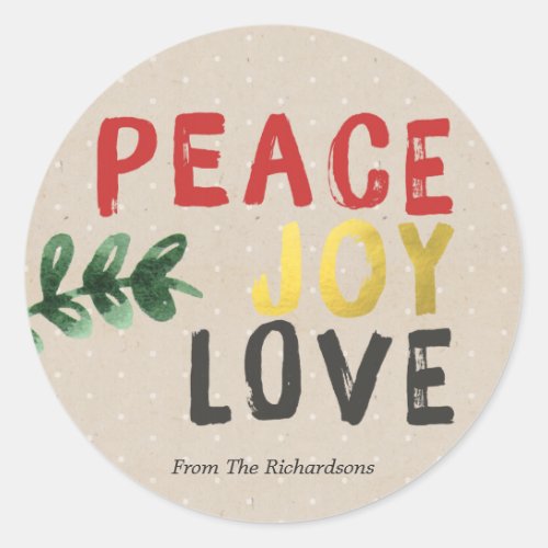 Rustic Gold Peace Joy and Love Christmas Sticker