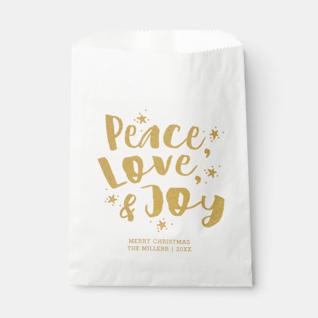 Rustic Gold Peace Love & Joy Holiday Christmas Favor Bag (Front)