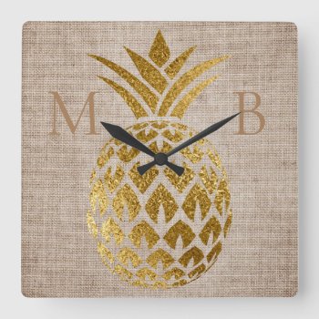 Rustic Gold Pineapple Burlap 2 Initial Monogram Square Wall Clock by ALittleSticky at Zazzle