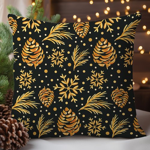 Rustic Gold Pinecone and Snowflake Throw Pillow