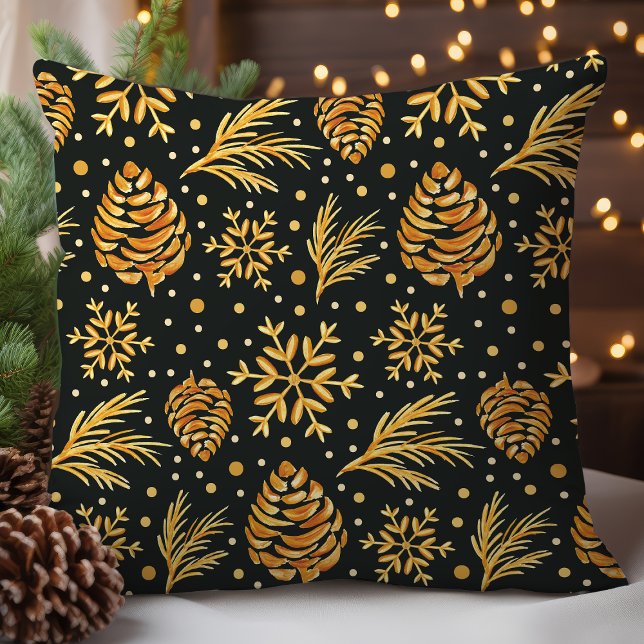 Rustic Gold Pinecone and Snowflake Throw Pillow (Creator Uploaded)