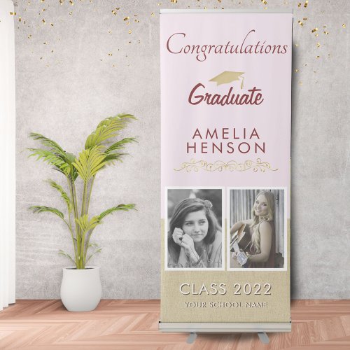 Rustic Gold Pink 2022 Graduate 2 Photo Graduation Retractable Banner