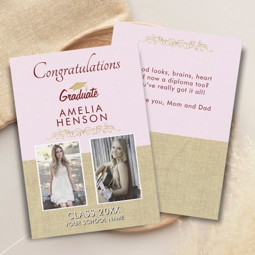 Rustic Gold Pink Graduate 2 Photo Graduation Card