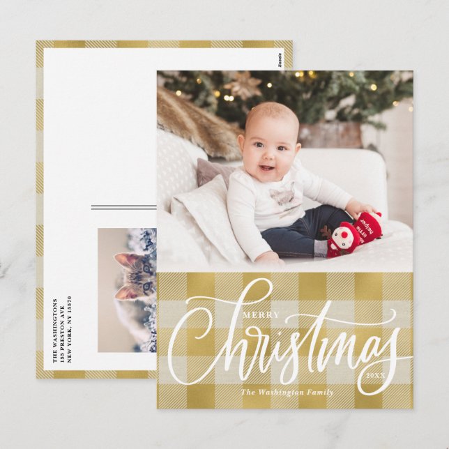 Rustic Gold Plaid Merry Christmas Photo Holiday Postcard (Front/Back)