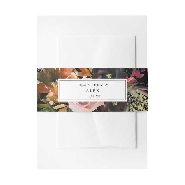 Rustic Gold, Purple & Blush Pink Floral 2 v2 Black Invitation Belly Band (Front Example)