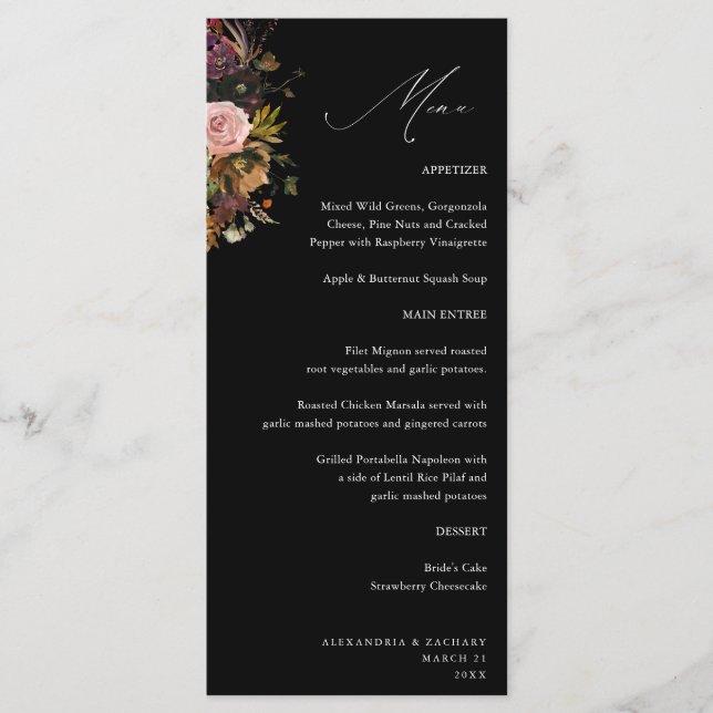 Rustic Gold, Purple, & Pink Floral 4 Black Tall Menu (Front)