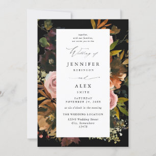 Rustic Gold, Purple, & Pink Floral 4-Black Wedding Invitation