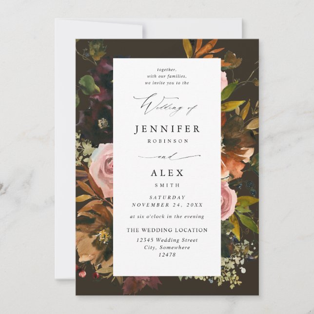 Rustic Gold, Purple, & Pink Floral 4-Brown Wedding Invitation (Front)