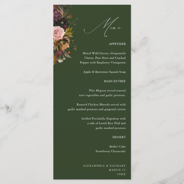 Rustic Gold, Purple, & Pink Floral 4 Green Tall Menu (Front)