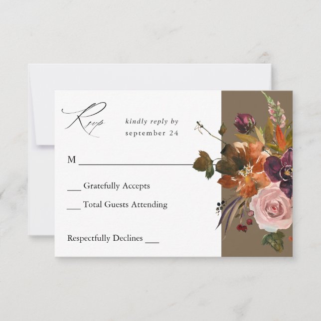 Rustic Gold, Purple & Pink Floral no Meal-Taupe V2 RSVP Card (Front)