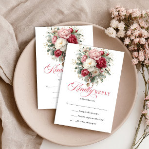 Rustic Gold Red Blush Floral Wedding RSVP Card