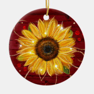 Rustic Gold Red Wood Name Sunflower Christmas Ceramic Ornament