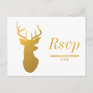 Rustic Gold Reindeer / Antler Wedding RSVP Invitation Postcard