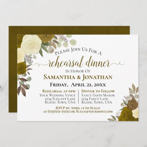 Rustic Gold Roses Floral Wedding Rehearsal Dinner Invitation