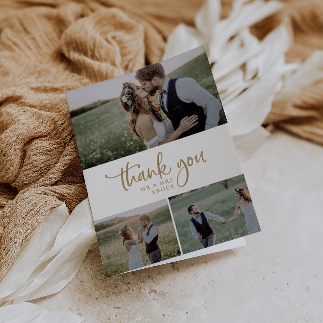 Rustic Gold Script 3 Photo Collage Folded Wedding Letterpress Thank You Card (Creator Uploaded)