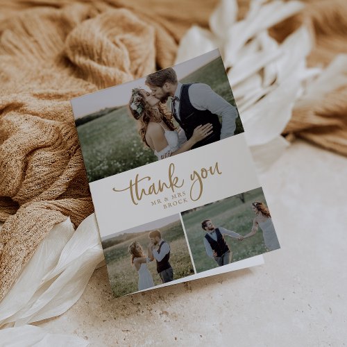 Rustic Gold Script 3 Photo Collage Folded Wedding Thank You Card