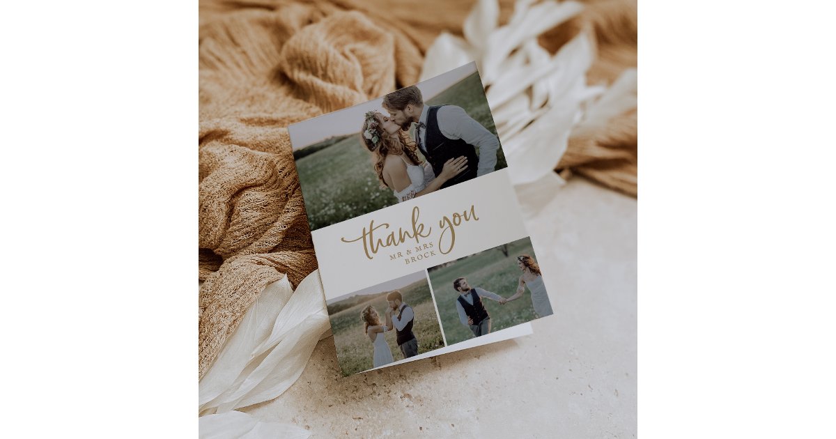 Rustic Gold Script 3 Photo Collage Folded Wedding Thank You Card | Zazzle
