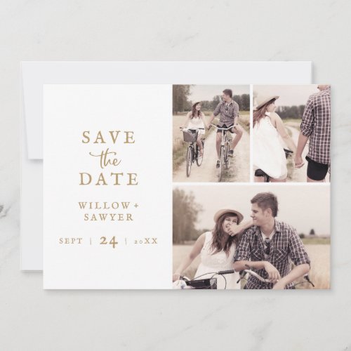 Rustic Gold Script 3 Photo Collage Save The Date