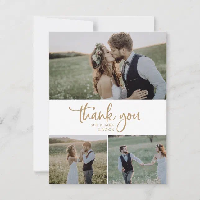Rustic Gold Script 3 Photo Collage Wedding Thank You Card | Zazzle