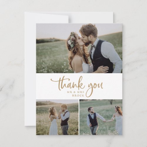 Rustic Gold Script 3 Photo Collage Wedding Thank You Card