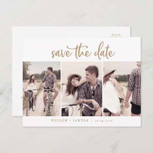 Rustic Gold Script 3 Photo Template Save the Date