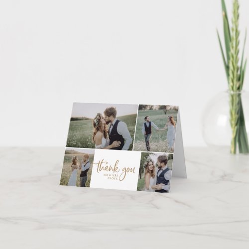 Rustic Gold Script 4 Photo Collage Folded Wedding Thank You Card