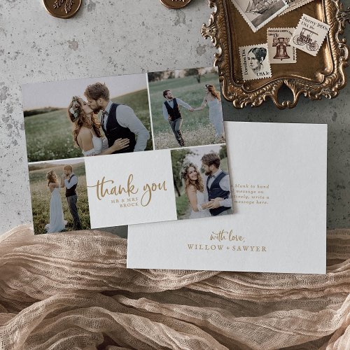 Rustic Gold Script 4 Photo Collage Wedding Thank You Card