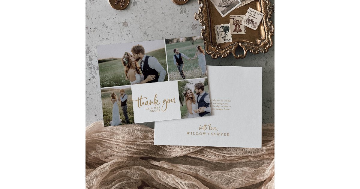 Rustic Gold Script 4 Photo Collage Wedding Thank You Card | Zazzle