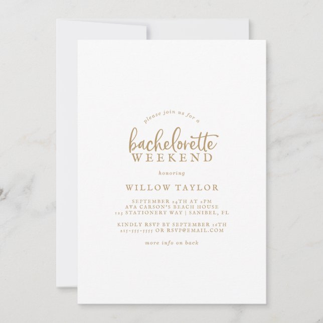 Rustic Gold Script Bachelorette Weekend Invitation (Front)