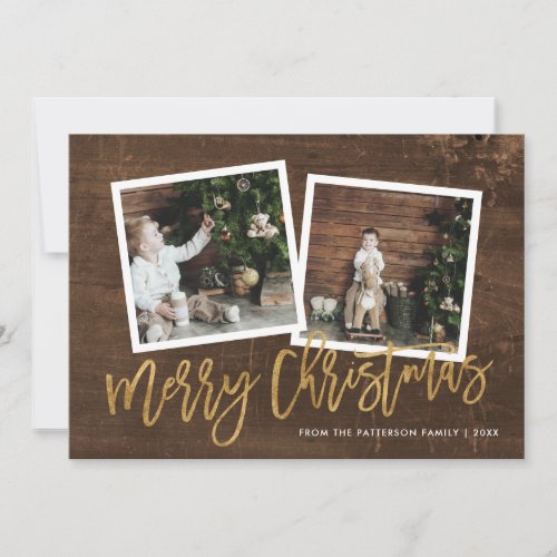 Rustic Gold Script Merry Christmas 2 Photo Holiday Card