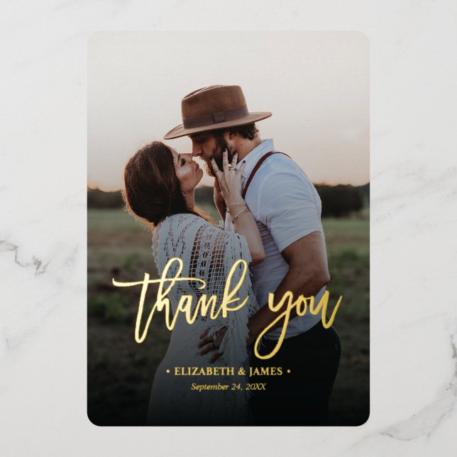 Rustic Gold Script Photo Thank You Wedding  Foil Invitation (Front)