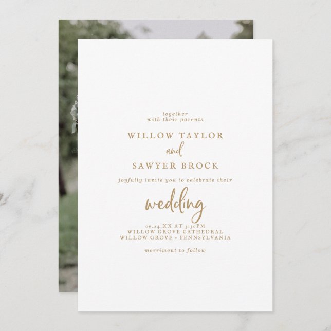 Rustic Gold Script Photo Wedding Invitation (Front/Back)