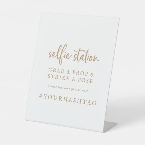 Rustic Gold Script Selfie Station Wedding Hashtag Pedestal Sign