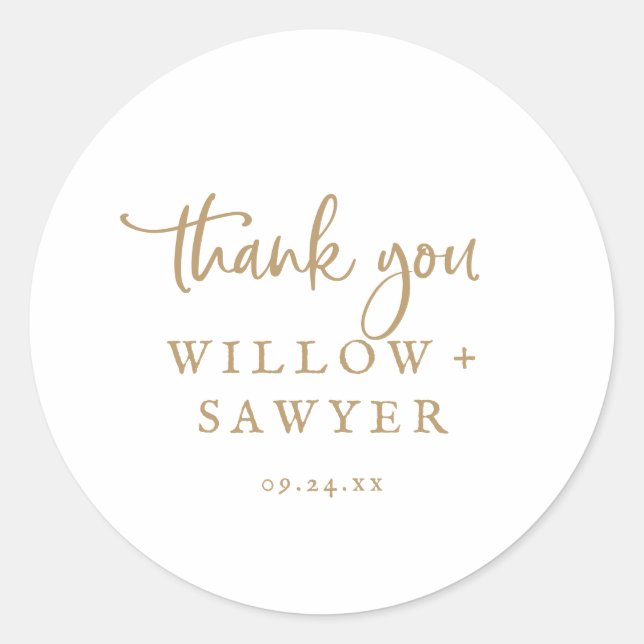 Rustic Gold Script Thank You Wedding Favor Sticker (Front)