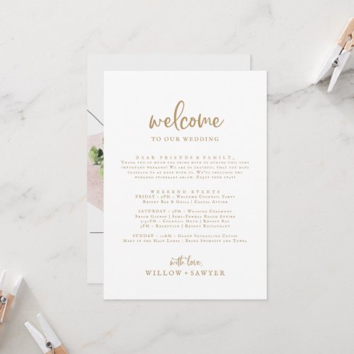 Rustic Gold Script Welcome Letter Itinerary  Map