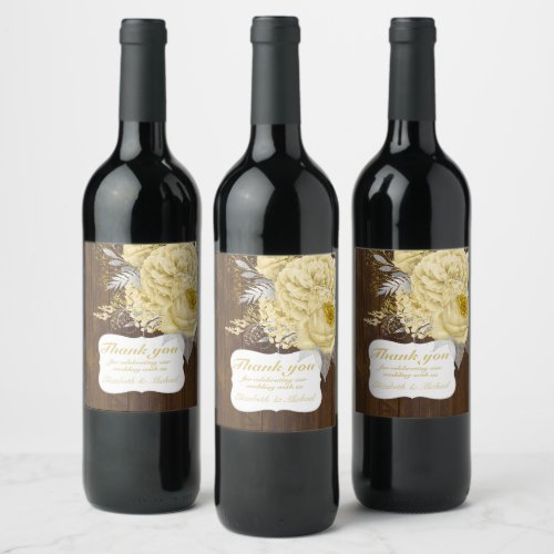 Rustic Gold Silver Floral Wedding Thank You Wine Label