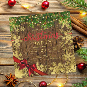 Rustic Gold Snow & Pine Company Xmas Red Ribbon Invitation