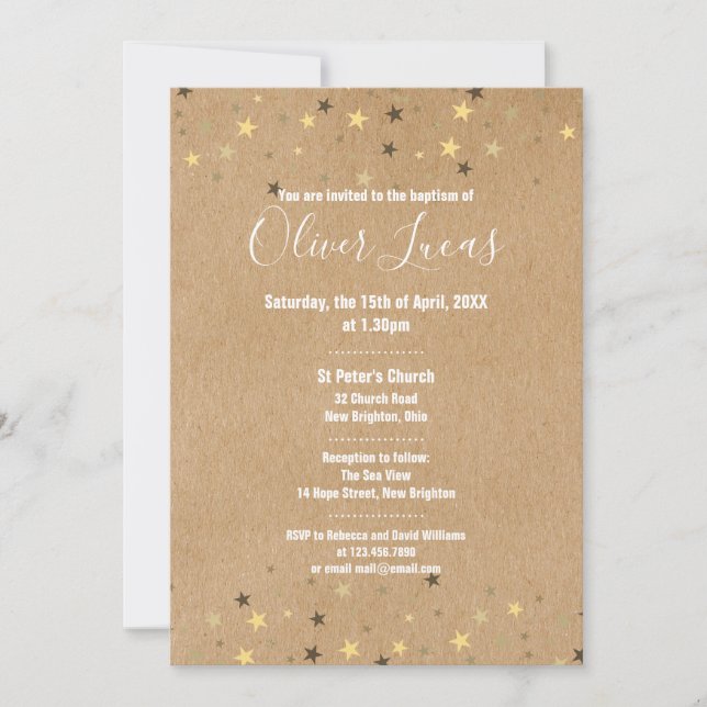 Rustic Gold Stars Baptism Christening Invitation (Front)