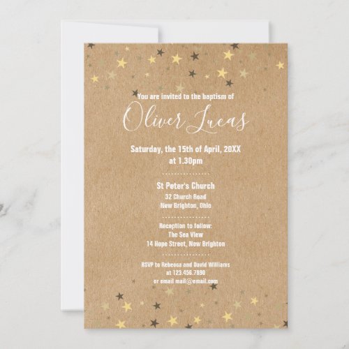 Rustic Gold Stars Baptism Christening Invitation